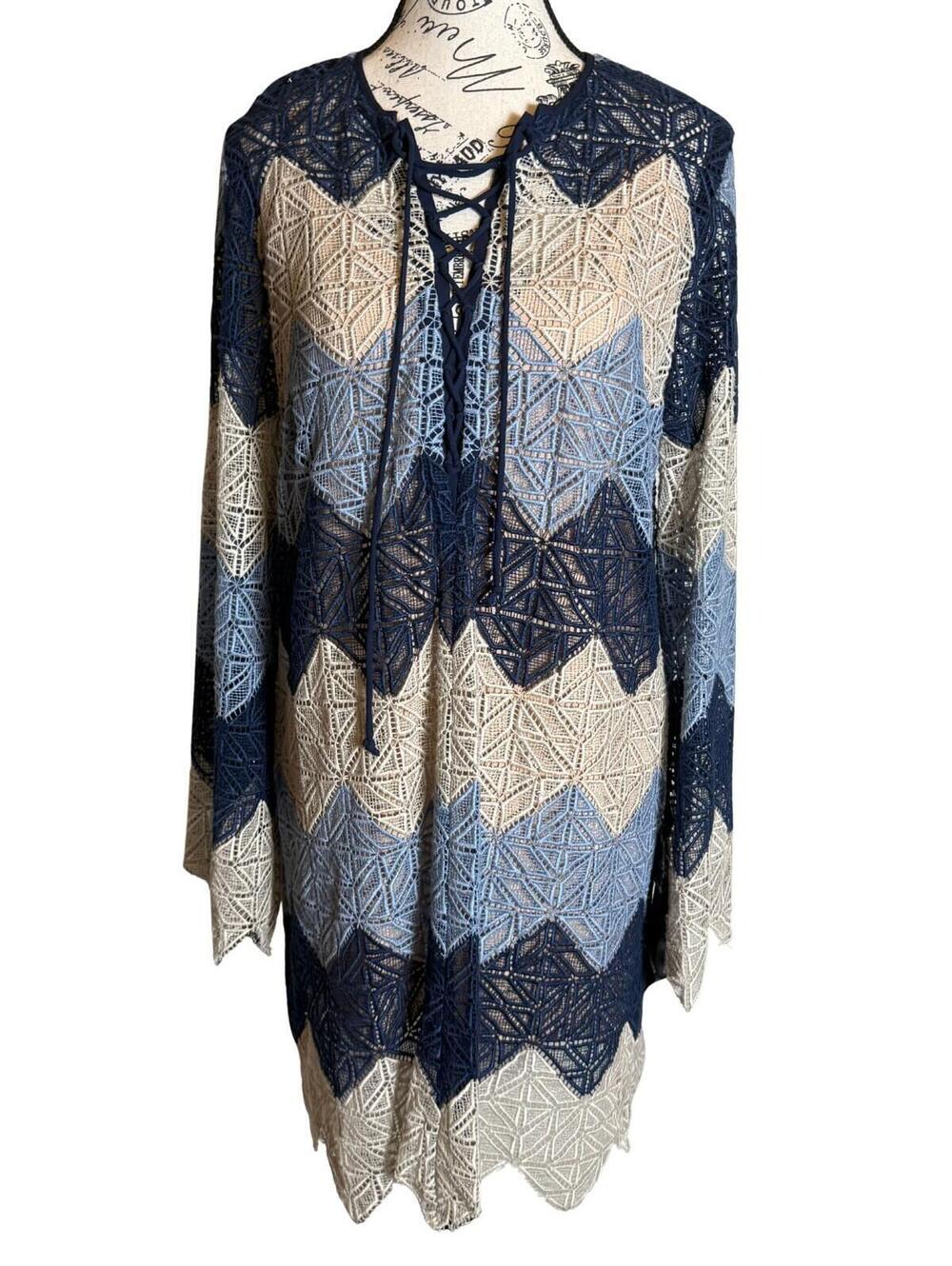 NWT BCBG Maxazria Larissa Blue Crochet Chevron Mini Dress Size M